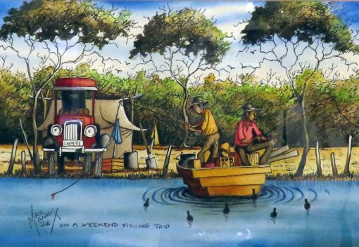 morpeth art gallery, hunter valley, newcastle, nsw, investment art, fine art, original, artwork, collector, investment, artist, oil, watercolour, story teller, australiana, yesteryear, the old days, icon, yarns, australian iconic artist, board, stretched canvas, watercolours, watercolour, cobb and co, bradford exchange, waltzing matilda, gold medallions, gold coins, limited edition, retrospective, australian art gifts, nostalgia,on a weekend fishing trip, max mannix